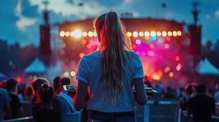 A woman holding a tray of sandwiches at a lively outdoor concert, captured with dynamic angles and vibrant stage lighting for a festive atmosphere - obrazy, fototapety, plakaty