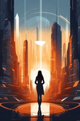 business woman in futuristic future city illustration