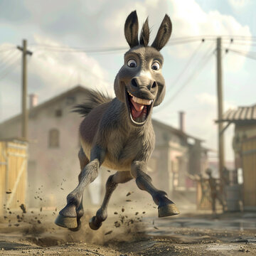 A donkey with a crazy smile kicks up its heels brimming with unbridled joy