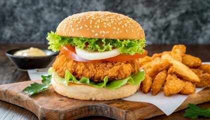 hamburger on a black background, wallpaper texted fresh crispy fried chicken burger sandwich with flying ingredients and spices hot ready to serve and eat food commercial advertisement menu
