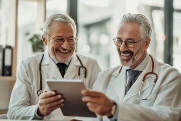 Two doctors communicate at work taking notes on an electronic tablet, medicine and healthcare