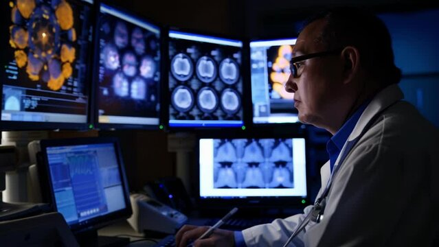 In a darkened viewing room a doctor studies a series of intricate images on a computer screen. The images generated by a PET scan show areas of high metabolic activity in