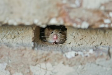 tiny mouse nose emerging from hole in a brick wall