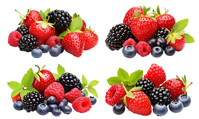 Vibrant collection of ripe berries, featuring strawberries, blackberries, raspberries, and...