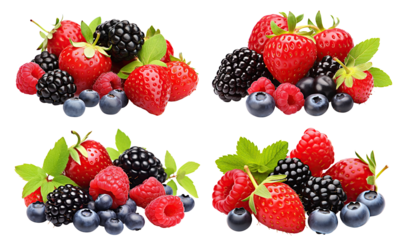 Vibrant collection of ripe berries, featuring strawberries, blackberries, raspberries, and blueberries, cut out	
