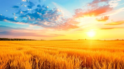 Obraz premium Golden wheat field with beautiful sunset in the background