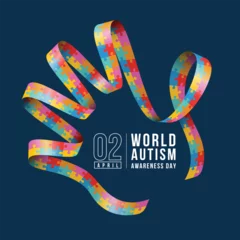 Poster Wolrd Autism Awareness Day - Colorful jigsaw puzzle texture ribbon awareness with roll hand frame on dark blue background vector design © ananaline