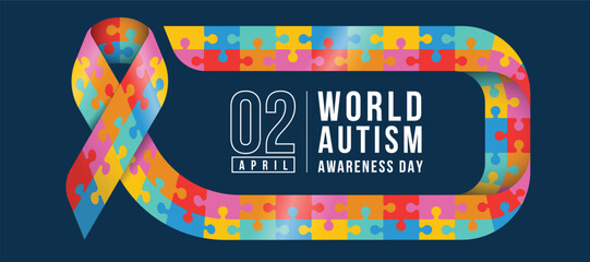 Wolrd Autism Awareness Day - Colorful jigsaw puzzle texture ribbon awareness with roll rectangle frame on dark blue background vector design