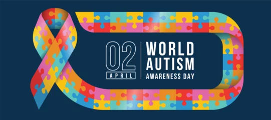 Fotobehang Wolrd Autism Awareness Day - Colorful jigsaw puzzle texture ribbon awareness with roll rectangle frame on dark blue background vector design © ananaline
