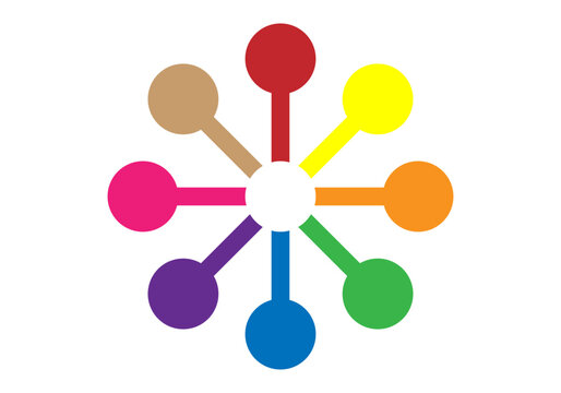 Asterisco de 8 puntas con c&iacute;rculos en sus extremos de diferentes colores. Icono de ciencia