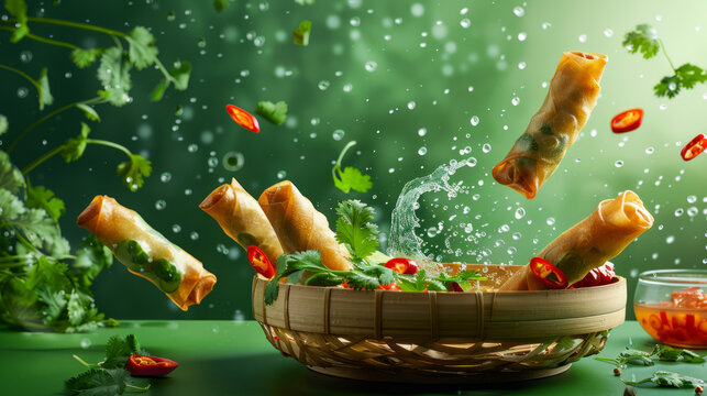 Enticing spring rolls tumbling dynamically with a splash of water and floating herbs against a green backdrop