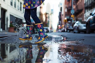 child in rain boots splashing in a city puddle