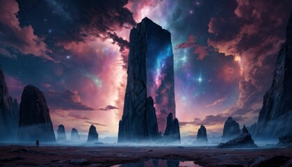 An otherworldly landscape featuring towering cliffs under a celestial sky filled with vibrant auroras and starlight. - obrazy, fototapety, plakaty