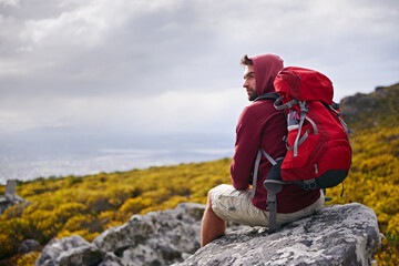 Man, rock and relax on outdoor hike in nature, mountain and peace or calm in wellness. Male person, exercise and travel with backpack on vacation or holiday, adventure and explore bush for fitness