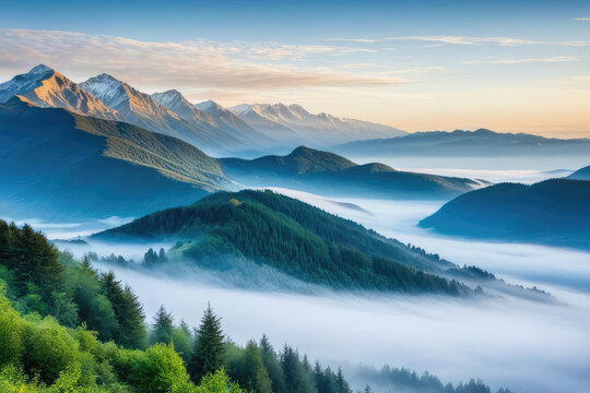 Amazing nature scenery, mountains under morning mist
