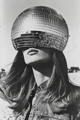 Vintage retro image of a person with a disco ball head. nightclub party portrait