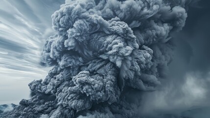 A large volcanic ash cloud forms a massive plume of grey smoke rising from the summit of a mountain, background, wallpaper