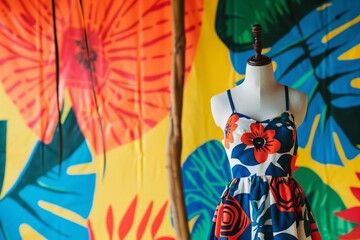 bold pattern summer dress on mannequin, vibrant backdrop