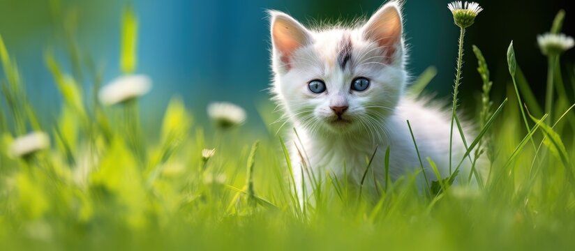A small white domestic shorthaired cat with whiskers is standing in the grass, its carnivore snout sniffing the air, looking at the camera in a grassland habitat
