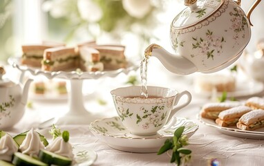 Vintage afternoon tea setup with a classic teapot pouring into a cup, accompanied by sandwiches and pastries on a white table.