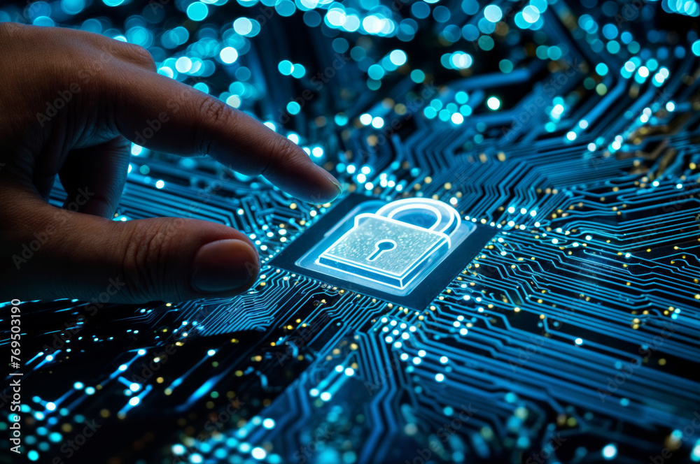 Poster cyber security concept with padlock on computer circuit board background.