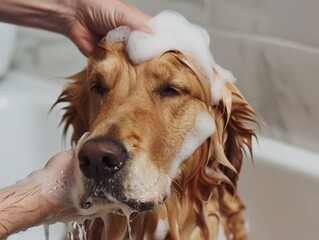 dog in shower
Gentle Dog Bathing: Owner Shampooing Elegant Golden Retriever in Bathtub