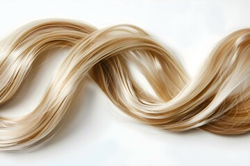 A closeup of a shiny blonde hair strand against a white background showcasing its healthy texture and glow. Concept Hair Care, Shiny Locks, Healthy Texture, Blonde Hair, Closeup Shots
