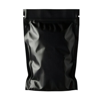 black aluminum foil package bag mock-up template Isolated on a transparent background. PNG cutout or clipping path.