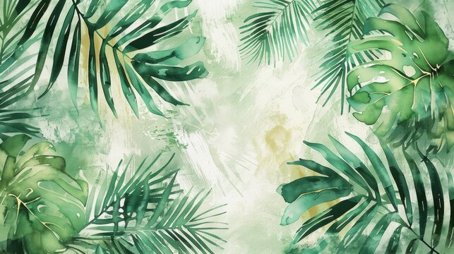A blend of lush palm fronds over a faint leopard print, rendered in soft watercolors, background, wallpaper