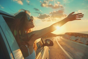 carefree woman sitting in front seat of car, stretching her arm out window and catching glare of setting suset woman travels by car catches wind with her hand from car window.,ai generate - obrazy, fototapety, plakaty