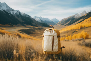A single backpack stands against a backdrop of mountains, representing the wanderlust of travel enthusiasts. Preparedness for adventure. The simplicity and spontaneity of travel experiences.