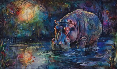 Watercolor painting of a hippopotamus, or hippo for short. Hippopotamuses are animals that have a large,
 round shape, bulky like a pig, a large head and a very wide mouth. - obrazy, fototapety, plakaty