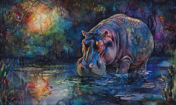 Watercolor painting of a hippopotamus, or hippo for short. Hippopotamuses are animals that have a large,
 round shape, bulky like a pig, a large head and a very wide mouth.