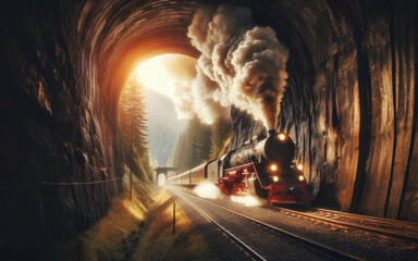 Old steam train pulling into a tunnel belching steam and smoke - obrazy, fototapety, plakaty