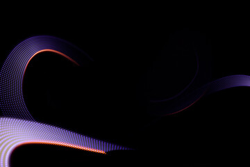 Violet glow neon curved wave of light as curls with dotted stripes on black background, pattern. Abstract background with flowing line in motion, light painting in vapor wave style.