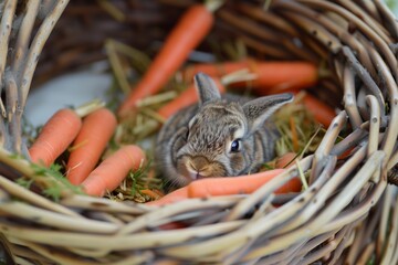 baby rabbit in a wicker basket surrounded by carrots - obrazy, fototapety, plakaty