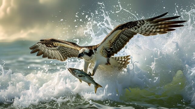 Bird snatching a fish from the glistening ocean waves, Generative ai.
