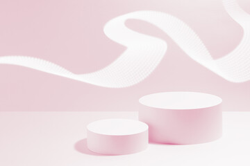 Abstract pink scene mockup - two round pink cylinder podiums, dotted neon light waves. Template for presentation cosmetic products, goods, advertising, design, sale, design, sale in fashion style.