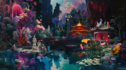 Chinese landscape with a colorful scene illustration background poster decorative painting