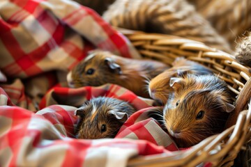guinea pig pups in a wicker basket with red checkered cloth - obrazy, fototapety, plakaty