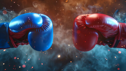 Blue boxing glove vs Red boxing glove. Battle between red and blue - obrazy, fototapety, plakaty