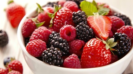 Fresh Assortment of Berries in a White Bowl Close-up View