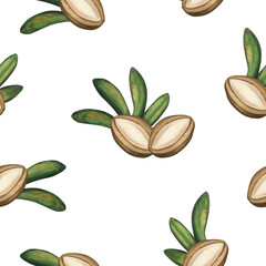 Seamless pattern of Argan tree seeds. Brown Argan nut with leaves. Watercolor illustration on a white background. Skin and hair care, vitamins in food and cosmetology. Template for packaging, textiles