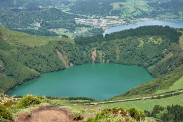 Landscape of Sete Cidades from Mirador da Boca do Inferno at sunset with Santiago lagoon, Sao...