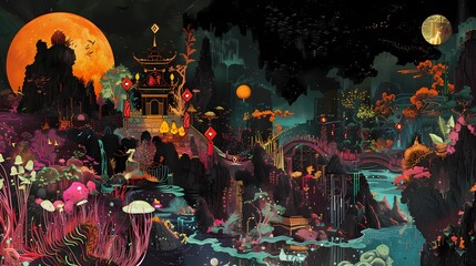 Obraz premium Chinese landscape with a colorful scene illustration background poster decorative painting