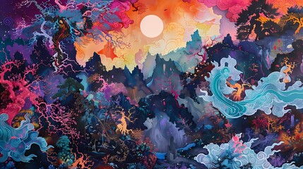 Chinese landscape with a colorful scene illustration background poster decorative painting - obrazy, fototapety, plakaty