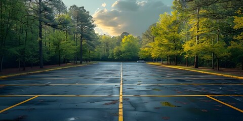 An empty parking lot with green trees dividing lines and a lone car in the background. Concept Nature, Urban, Transportation, Empty Spaces, Contrast - obrazy, fototapety, plakaty
