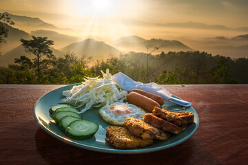 American breakfast with nature view background.
