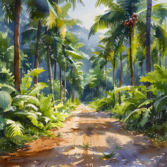Watercolor Beautiful magical palm, fabulous trees. Palm Forest jungle landscape, sun rays illuminate the leaves and branches of trees