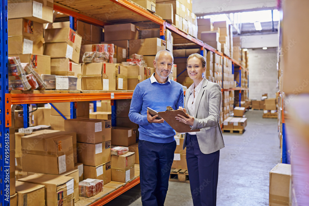 Poster Portrait, boxes and man with woman, clipboard and documents with shipping form and import. Tablet, warehouse and export with teamwork or supply chain with stock or logistics with storage or industry